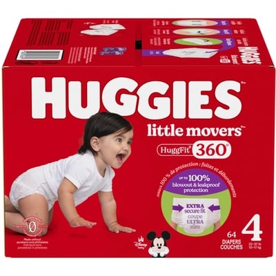 Huggies Couches pour bébé HuggFit 360° de Little Movers, taille 4, 64 unités 64 ea, 0,56 $/1ch