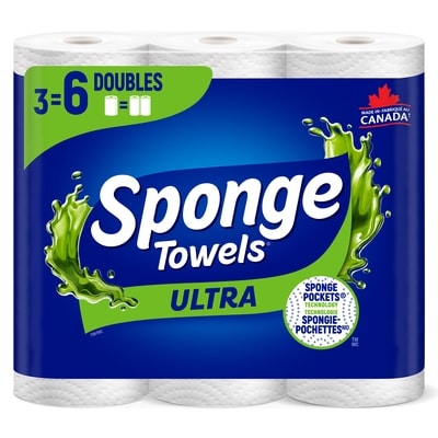 Essuie-tout SpongeTowels Ultra, Fabriqué au Canada, 3 roul. double = 6 roul. , 128 feuilles par rouleau