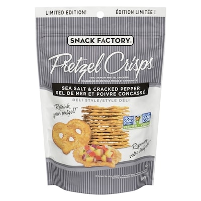 The Snack Factory Craquelins de bretzels minces et croquants sel de mer et poivre concassé style déli édition limitée ! 200 g, 2,75 $/100g