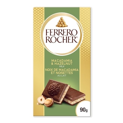 FERRERO ROCHER Tablette de chocolat de qualité supérieure, chocolat au lait avec noisettes et aux noix de macadamia 90 g, 5,54 $/100g