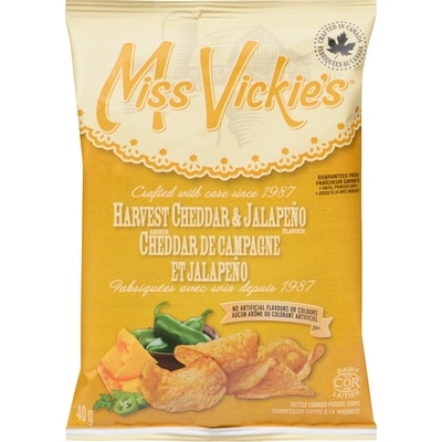 Miss Vickies Kettle Cooked Potato Chips Harvest Cheddar & Jalapeño Flavour, Case 40x40.0 g, $1.94/100g