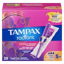 Tampax Radiant Tampons, with LeakGuard Braid, Super Plus Absorbency, Unscented, 28 Count 28 ea, $0.39/1ea