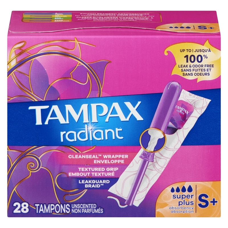 Radiant Tampons, with LeakGuard Braid, Super Plus Absorbency, Unscented, 28 Count