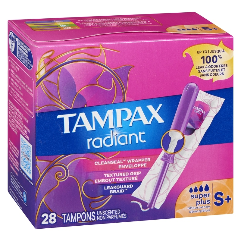 Radiant Tampons, with LeakGuard Braid, Super Plus Absorbency, Unscented, 28 Count