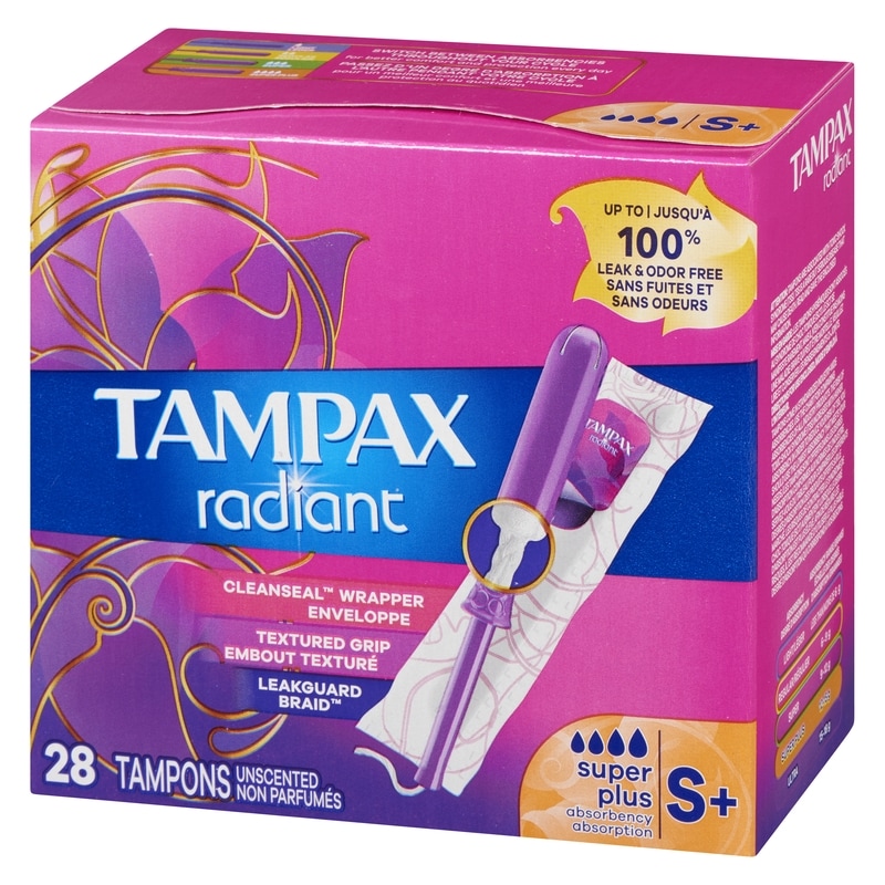 Radiant Tampons, with LeakGuard Braid, Super Plus Absorbency, Unscented, 28 Count