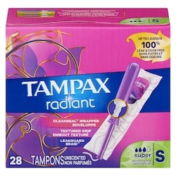 Tampax Radiant Tampons, with LeakGuard Braid, Super Absorbency, Unscented, 28 Count 28 ea, $0.39/1ea