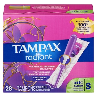 Tampax Radiant Tampons, with LeakGuard Braid, Super Absorbency, Unscented, 28 Count 28 ea, $0.46/1ea
