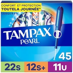 Tampax Tampons Pearl avec tresse anti-fuites LeakGuard, degré d’absorption super/super plus/ultra, emballage multiple, non parfumés, 45 tampons 45 ea, 0,38 $/1ch