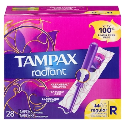 Tampax Tampons Radiant, avec tresse anti-fuites LeakGuard, degré d’absorption régulier, non parfumés, 28 tampons 28 ea, 0,39 $/1ch