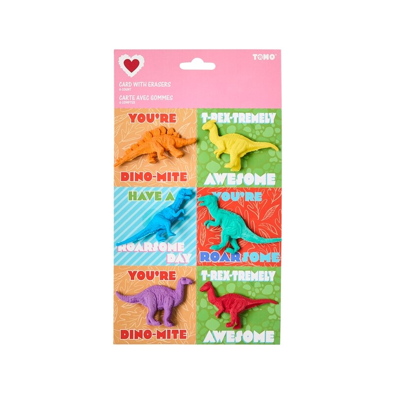 Valentine's Day Cards with Erasers 6 Pack - Dinosaur
