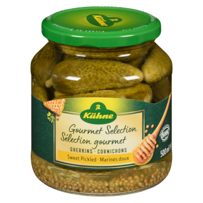Kuhne Gherkins Sweet Pickled 500 ml, $1.30/100ml