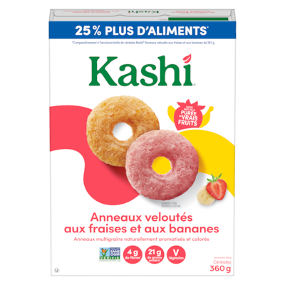 Kashi Céréales anneaux veloutés aux fraises et aux bananes 360 g, 2,36 $/100g