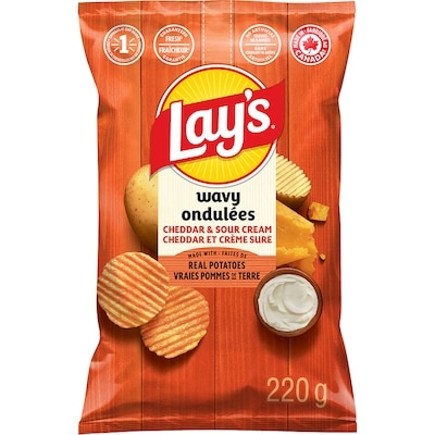 Lay's Wavy Cheddar & Sour Cream Flavoured Potato Chips 220 g, $1.13/100g