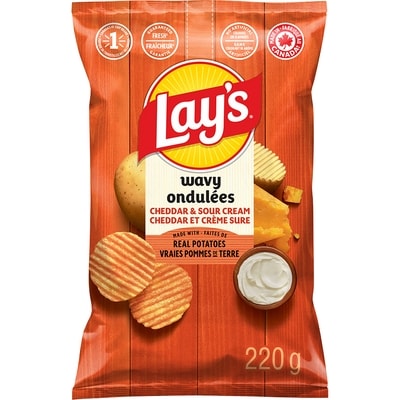 Lay's Wavy Cheddar & Sour Cream Flavoured Potato Chips 220 g, $2.27/100g