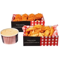 null 18 Chicken Buffalo Flings with Wedges and Mac & Cheese (Available After 11am) 915 g, $1.97/100g