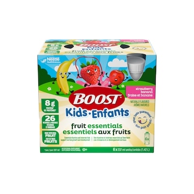 Nestle Health Science BOOST Kids Fruit Essentials Strawberry Banana, 6-Pack 6x237.0 ml, $6.32/100ml