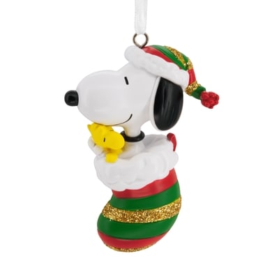 Hallmark Ornament, Resin Figural Snoopy holding Woodstock in Stocking 1 ea, $13.00/1ea