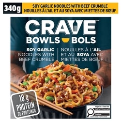 Crave Soy Garlic Noodles with Beef Crumble Noodle Bowl 340 g, $1.32/100g