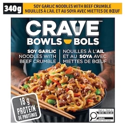 Crave Soy Garlic Noodles with Beef Crumble Noodle Bowl 340 g, $2.21/100g