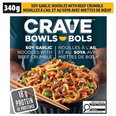 Crave Nouilles avec sauce soja et ail avec bol de nouilles au bœuf émietté 340 g, 1,91 $/100g
