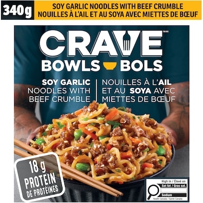 Crave Nouilles avec sauce soja et ail avec bol de nouilles au bœuf émietté, boîte 340 g, 2,06 $/100g