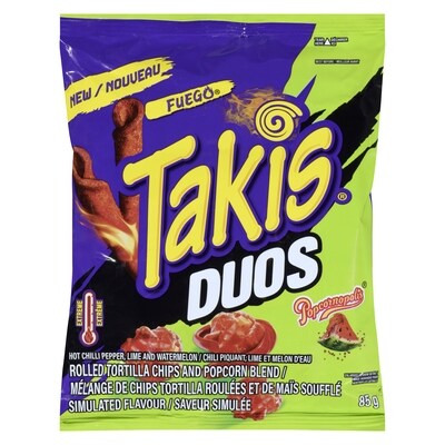 Takis Mélange de chips tortilla roulées et de maïs soufflé duos chili piquant, lime et melon d'eau 85 g, 3,28 $/100g