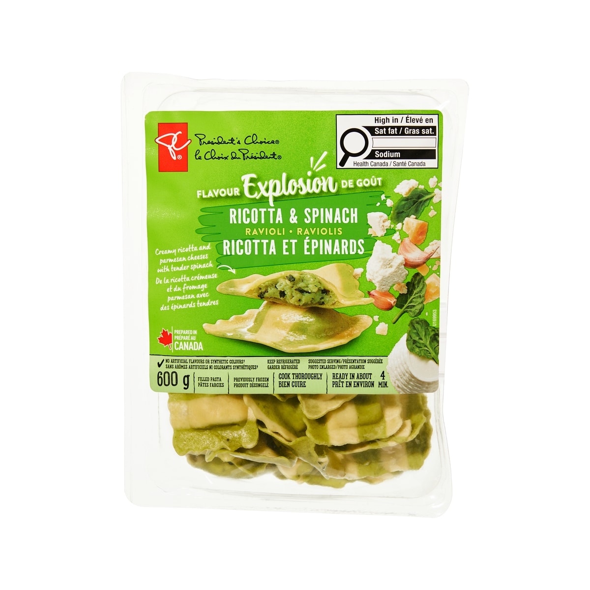 President's Choice Ricotta and Spinach Ravioli 600 g, $1.50/100g