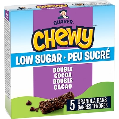 Quaker Chewy Peu sucré barres tendres Double cacao, 5 unités. 120 g, 3,16 $/100g