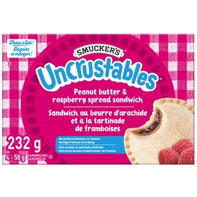 Smucker’s Sandwich au beurre d’arachide et à la tartinade de framboises Uncrustables en format de boîte de 4 4x58.0 g, 2,58 $/100g