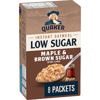 Quaker Maple & Brown Sugar Flavour Low Sugar Instant Oatmeal (8 packets). 232 g, $2.97/100g