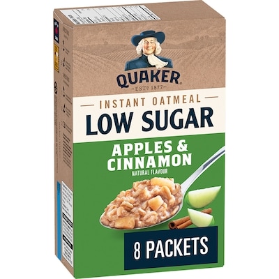 Quaker Apples & Cinnamon Flavour Low Sugar Instant Oatmeal (8 packets). 232 g, $2.97/100g