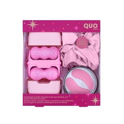 Quo Beauty Face Glow Set with Ice Roller, Under-Eye Gel Pads & Jumbo Scrunchie 1 ea, $10.00/1ea