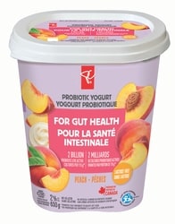 President's Choice Peach Probiotic Yogurt 650 g, $0.54/100g