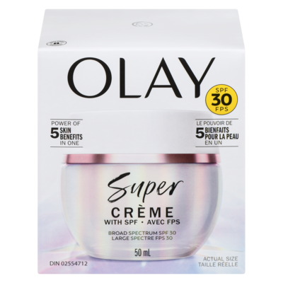 Olay Super crème  avec écran solaire FPS 30 hydratant ultraléger pour le visage qui hydrate, lisse, illumine, raffermit et protège avec FPS. 50 g, 107,98 $/100g