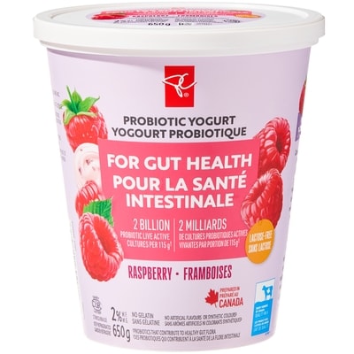 President's Choice Lactose-Free Raspberry Probiotic Yogurt  650 g, $0.69/100g