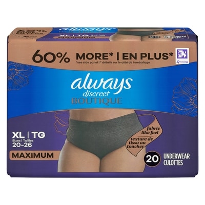 Always Discreet Boutique Black Maximum Absorbency Underwear XL, 20 Pack 20 ea, $1.72/1ea