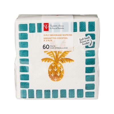 President's Choice 3 Ply Beverage Napkins 60 Pack - Pineapple 60 ea, $0.08/1ea