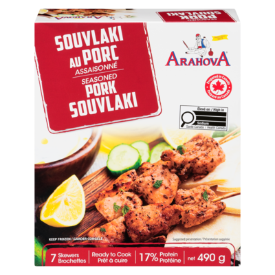 Arahova Souvlaki de porc assaisonné, 7 brochettes 490 g, 2,86 $/100g