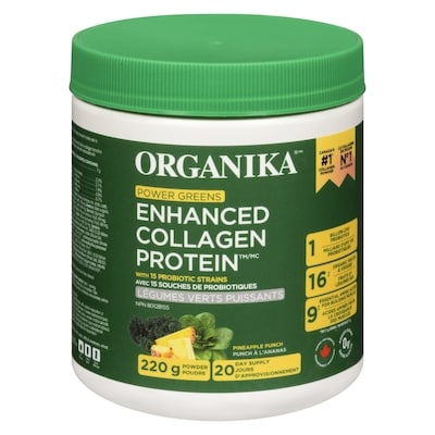 Organika Légumes verts puissants poudre avec 15 souches de probiotiques punch à l'ananas 220 g, 33,63 $/100g