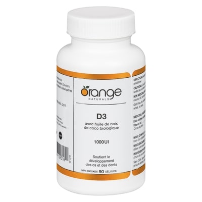 Orange Naturals Gélules d3 avec huile de noix de coco biologique 1000 iu 90 ea, 0,16 $/1ch
