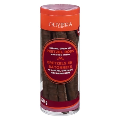 Olivier’s Bretzels en bâtonnets au caramel chocolaté avec bruine noire 320 g, 2,19 $/100g