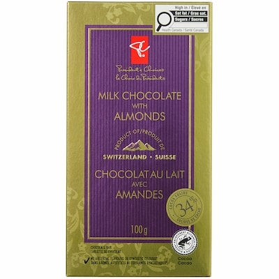 President's Choice Milk Chocolate with Almonds Bar 100 g, $3.99/100g
