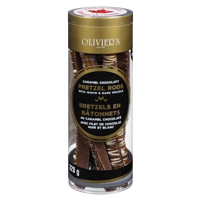 Olivier’s Bretzels en bâtonnets au caramel chocolaté avec filet de chocolat noir et blanc 320 g, 2,19 $/100g