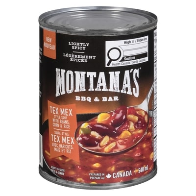 Montana's Soupe style tex-mex avec haricots, maïs et riz légèrement épicée 540 ml, 0,70 $/100ml