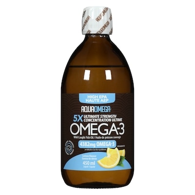 Aqua Omega Omega-3 Wild Caught Fish Oil Liquid High Epa 5x Ultimate Strength Lemon Flavour 450 ml, $17.78/100ml