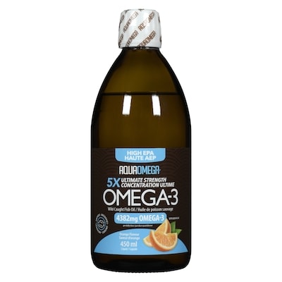 Aqua Omega Omega-3 Wild Caught Fish Oil Liquid High Epa 5x Ultimate Strength Orange Flavour 450 ml, $17.78/100ml