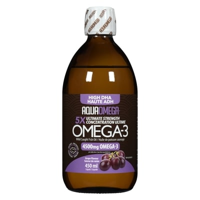 Aqua Omega Omega-3 Wild Caught Fish Oil Liquid High Dha 5x Ultimate Strength Grape Flavour 450 ml, $17.78/100ml