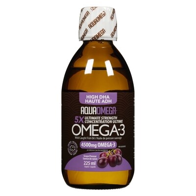 Aqua Omega Omega-3 Wild Caught Fish Oil Liquid High Dha 5x Ultimate Strength Grape Flavour 225 ml, $21.33/100ml