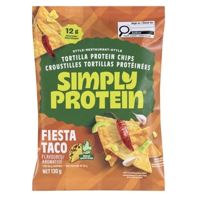 Simply Protein Croustilles tortillas protéinées fiesta taco aromatisé douceur 130 g, 4,22 $/100g