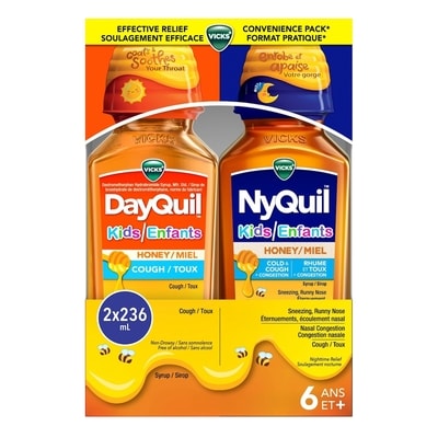 Vicks Médicament à saveur de miel dayquil et nyquil pour enfants, soulagement de jour de la toux, soulagement nocturne de la toux, de l’écoulement nasal, de la congestion nasale, des éternuements et des symptômes du rhume, format pratique, 2 x 236 ml 1 ea, 23,99 $/1ch